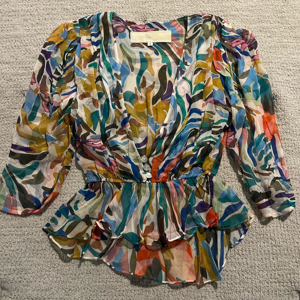 Jen's Pirate Booty Multicolor Abstract Print Sheer Peplum Blouse